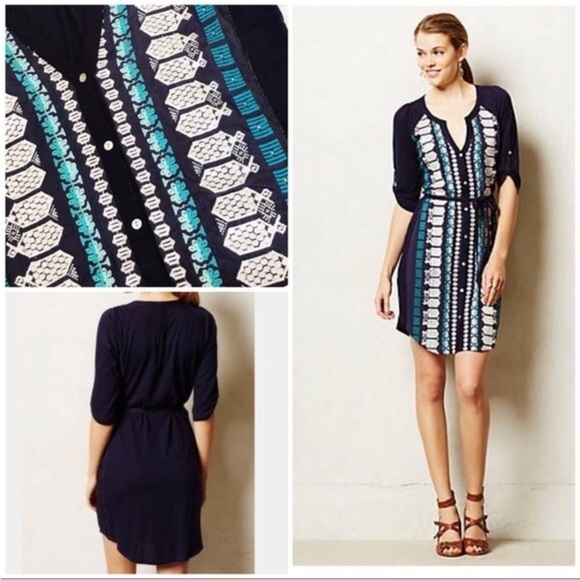 Anthropologie Tiny Nadia Shift Dress Embroidered Split Neck Blue Green Sz S NEW - Picture 3 of 15